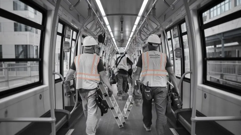 Werknemers bouw in de tram